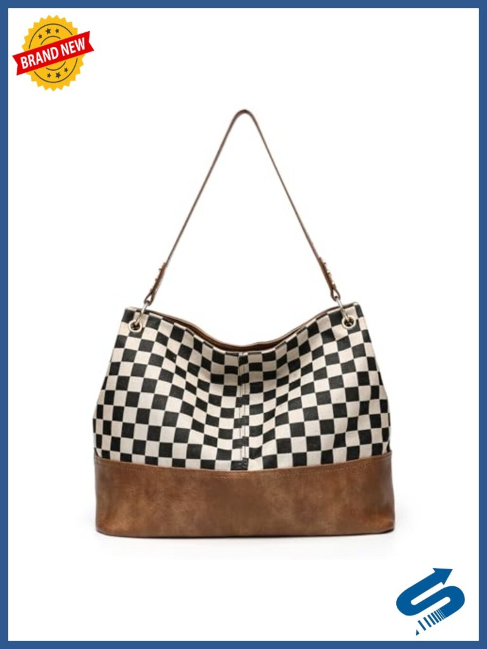 Checkered Tote Handbag PU Leather Canvas Large Plaid Hobo Shoulder Bag Work